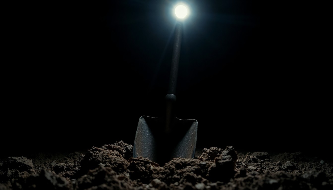 An extreme close-up photograph of a shovel digging into the earth, the metal blade and dirt contrasting sharply against the black background, conveying a sense of urgency and mystery surrounding the sheriff's office's undisclosed investigation.