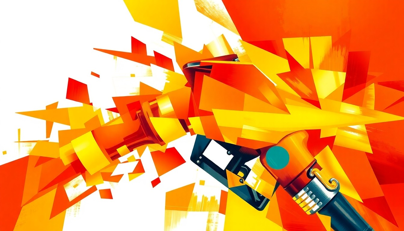 A dynamic, abstract painting featuring a fragmented gasoline pump handle in a vibrant color palette, conveying the turbulence and uncertainty surrounding energy costs.