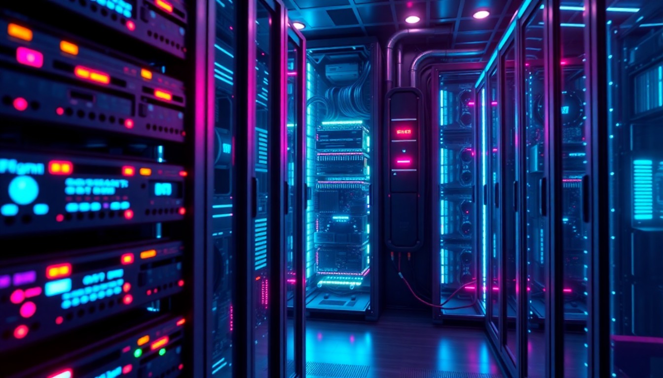 A highly detailed, glowing 3D illustration of a futuristic AI server rack, with neon cyan and magenta lights illuminating the complex hardware components, conceptually representing the power and complexity of AI infrastructure in the legal field.