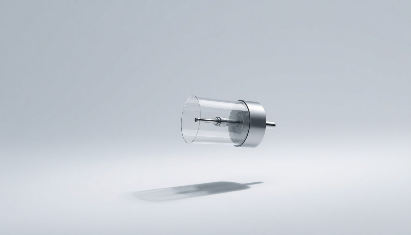 A photorealistic studio still-life image of a sleek, modern medical instrument made from polished metal and glass, floating elegantly on a clean, monochromatic background with dramatic lighting and sharp shadows to convey the precision and innovation of Abbott's technology.