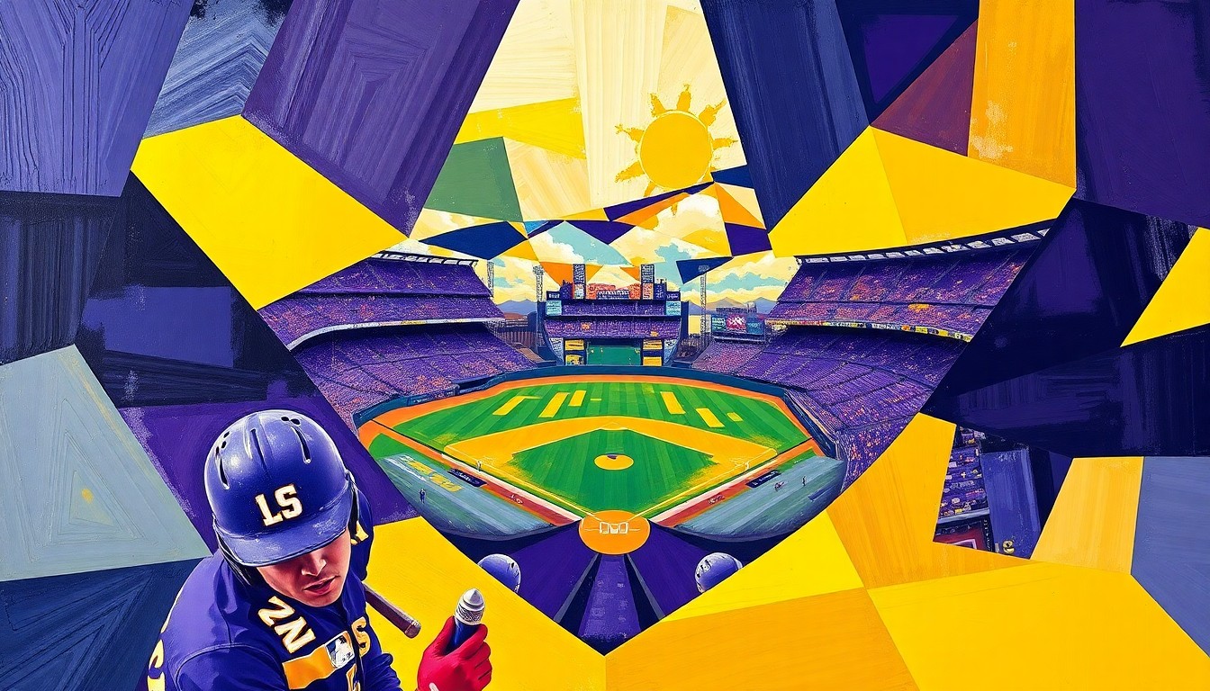 A cubist, geometric painting depicting the dynamic action of a college baseball game, with overlapping planes of purple and gold hues representing the players, field, and crowd.