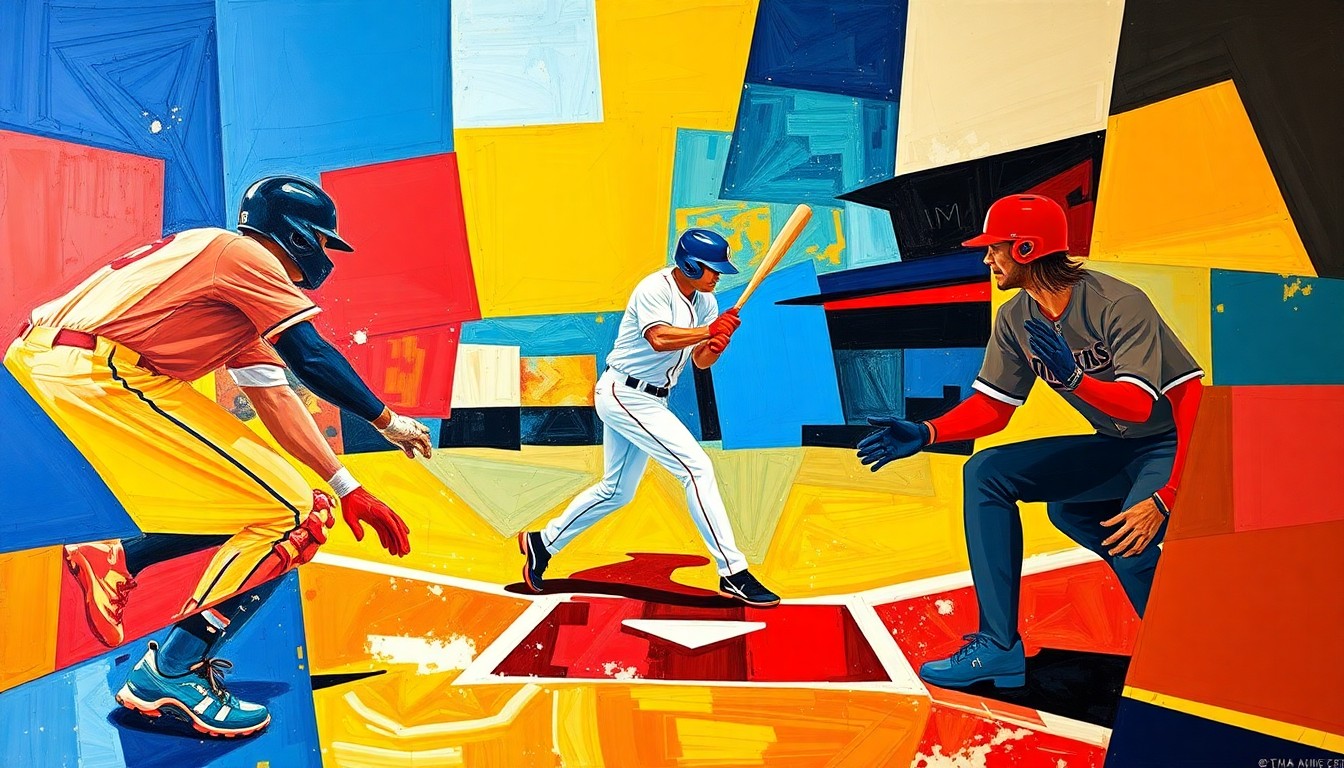 A cubist, geometric painting depicting the baseball play at home plate, with overlapping planes of color and form representing the catcher, runner, and outfielder in motion.