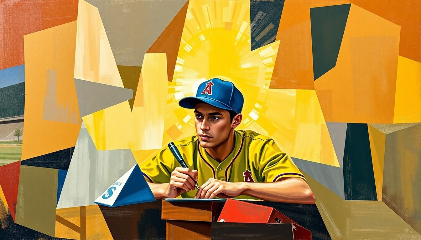 A fragmented, cubist-style painting depicting a high school baseball player signing a scholarship, with sharp, overlapping geometric shapes and planes representing the dynamic energy of the moment.