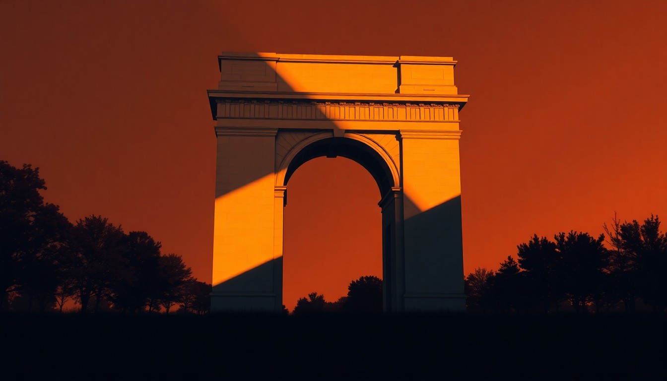 A cinematic painting of a large, imposing triumphal arch standing tall in the warm sunlight, its shadow stretching across the landscape, conceptually representing the political and cultural debate surrounding the monument.