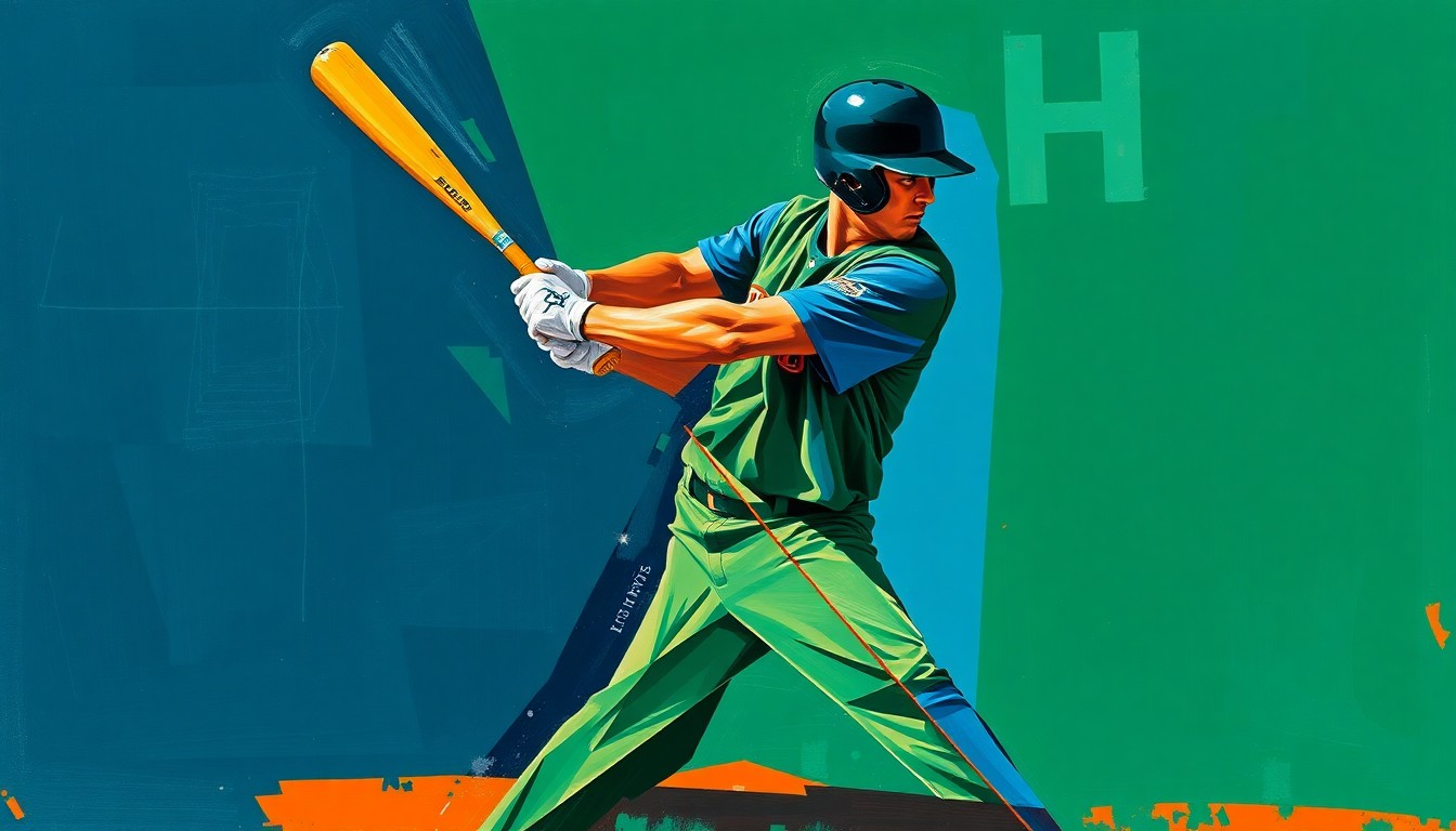 A fragmented, geometric painting depicting a baseball player's batting stance and swing, broken down into sharp, overlapping planes of color, conveying the concept of a hitter's discipline and ability to get on base.