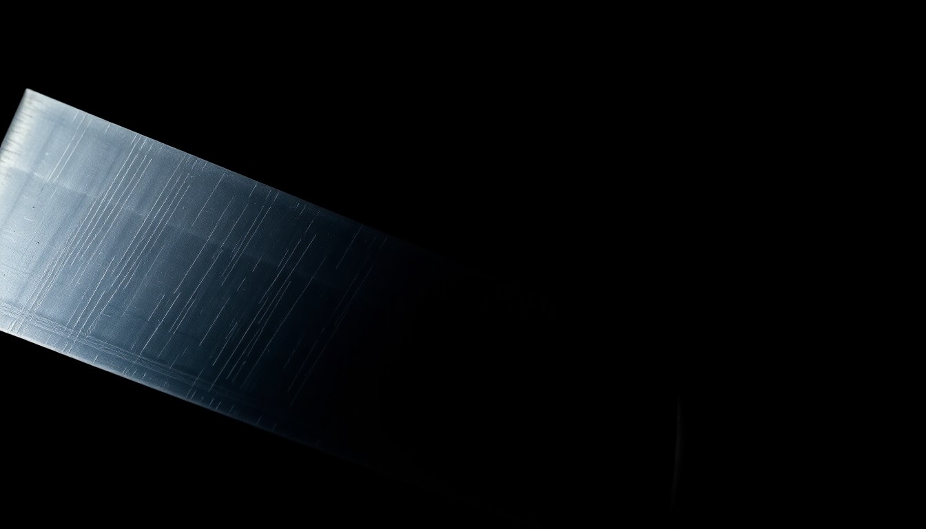 An extreme close-up photograph of a large kitchen knife against a pitch-black background, lit by a harsh, direct camera flash, conceptually representing the dangerous weapon used in the Omaha Walmart incident.