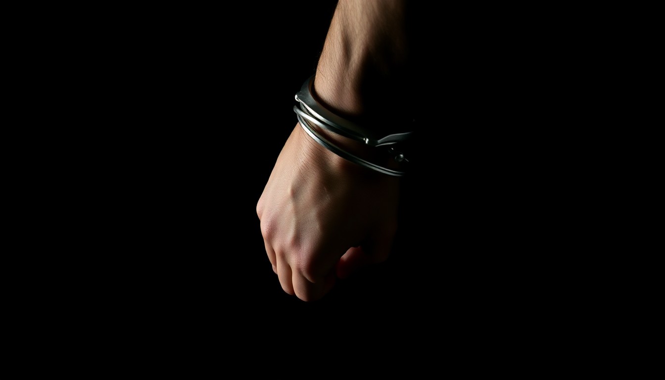 An extreme close-up photograph of a handcuffed wrist against a pitch-black background, creating a stark, gritty, investigative aesthetic that conceptually represents the serious nature of the alleged crimes.