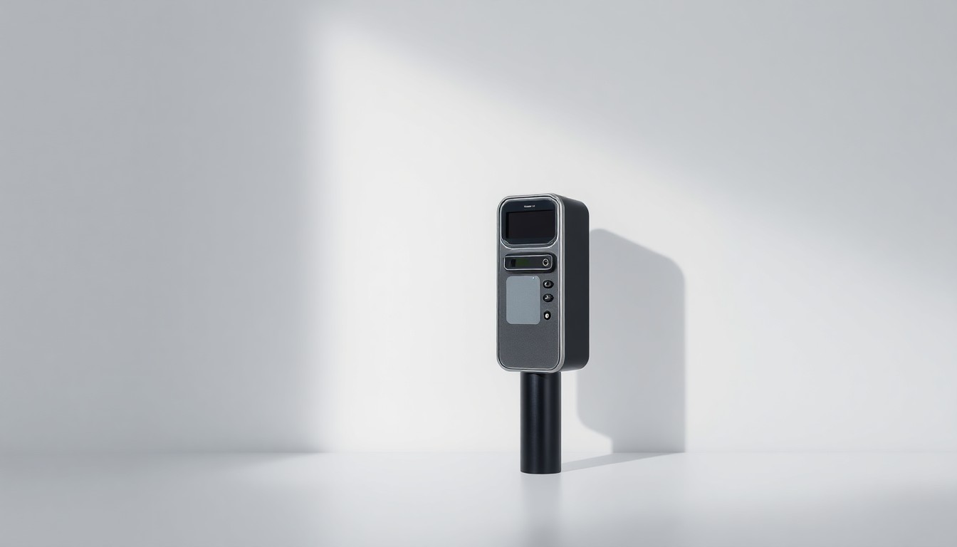 A sleek, modern parking meter made of shiny stainless steel and black aluminum, floating on a clean, monochromatic background and dramatically lit to create deep shadows, conceptually representing the abstract ideas of corporate strategy and the future of urban infrastructure.