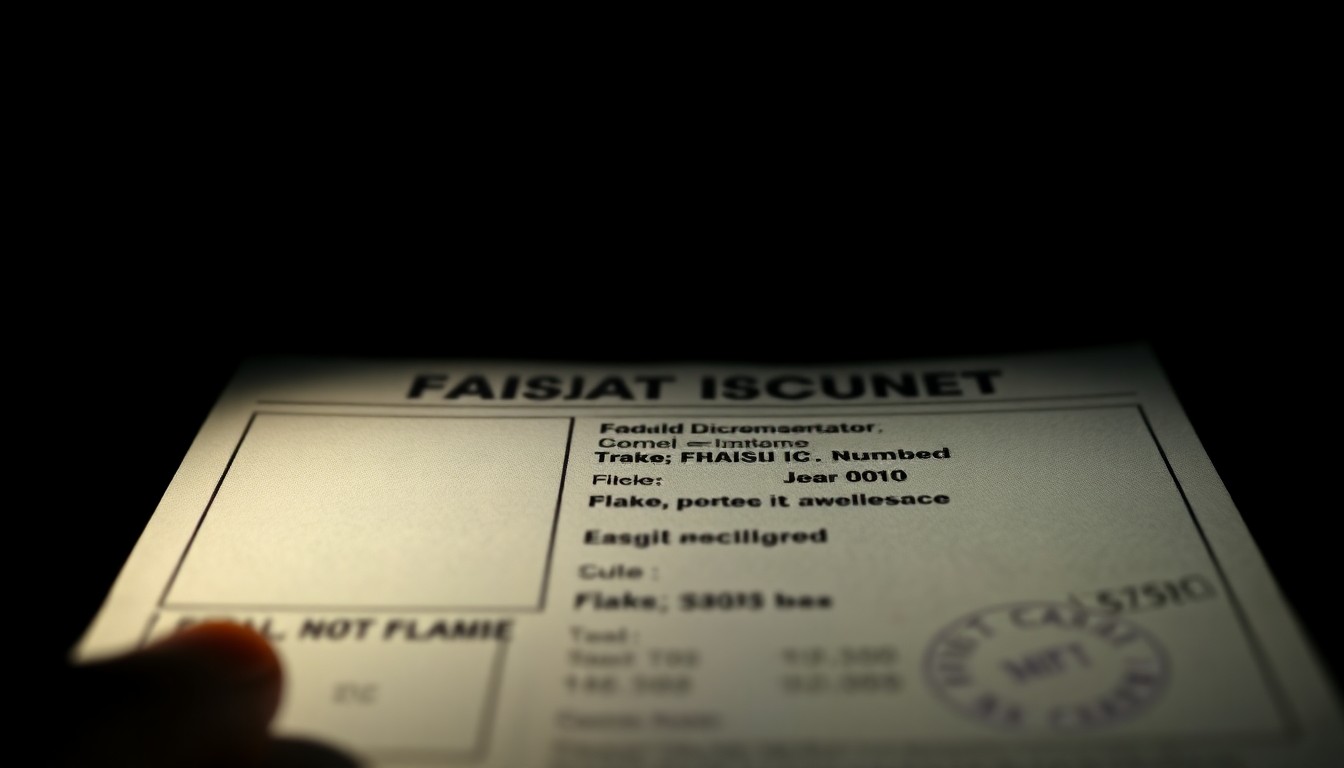 An extreme close-up of a forged document with blurred details, lit dramatically by a harsh flash against a black background, conceptually representing the investigative nature of the fraud case.