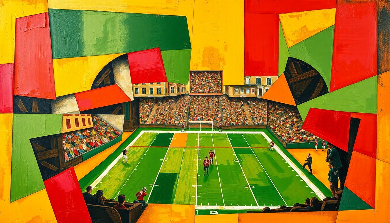 A fragmented, geometric painting depicting a college football game or match, with sharp planes of crimson, green, and yellow creating a dynamic, multi-angled composition that reflects the nuances of Brian Kelly's time at LSU.