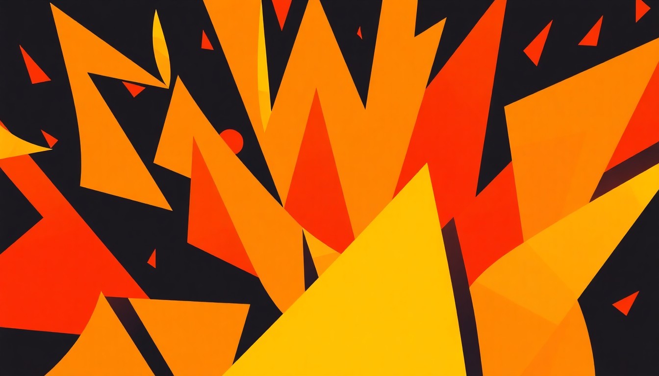 An abstract, minimalist illustration featuring overlapping, jagged shapes in warm, vibrant colors, capturing the energy and diversity of a live music performance.