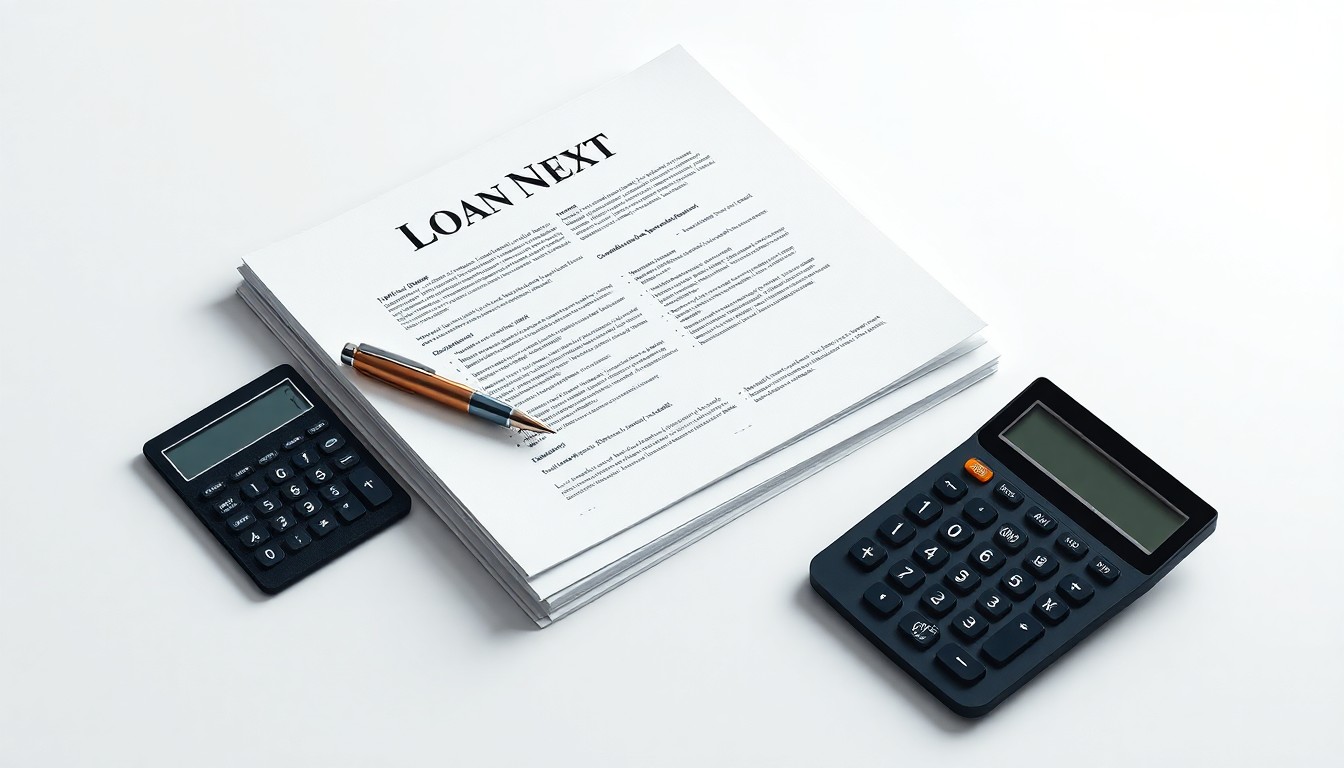 A minimalist studio still life photograph featuring a stack of loan documents, a pen, and a calculator arranged on a clean, white background, symbolizing the abstract concepts of commercial real estate finance and customized financing options.