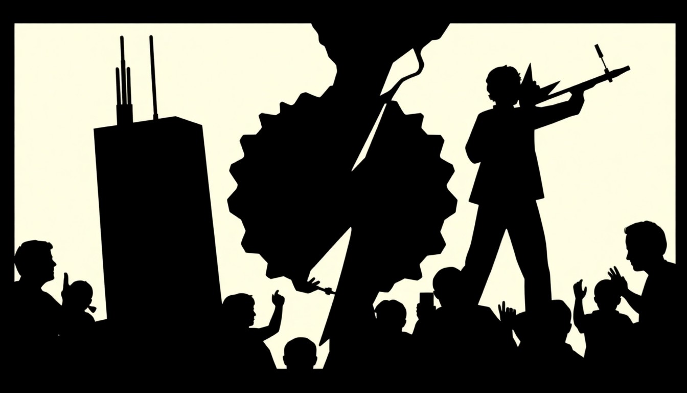 An abstract composition of sharp, angular black shapes and negative space, conceptually representing the tension between corporate power and creative expression in the entertainment industry.