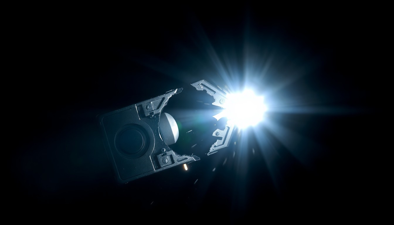 An extreme close-up of a shattered car window lock mechanism, the metallic edges and harsh lighting creating a stark, gritty visual that conceptually represents the sudden violence of these vehicle break-ins.