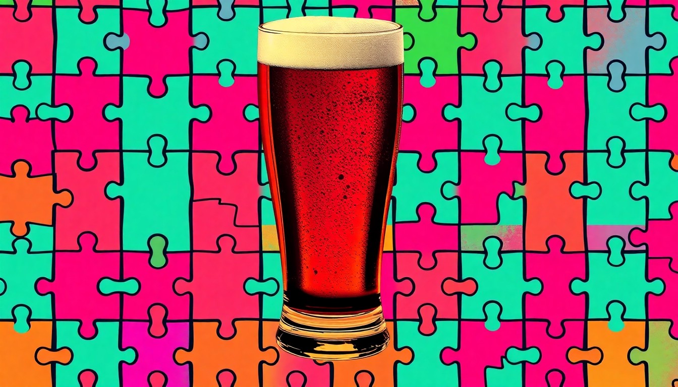 A vibrant, high-contrast silkscreen illustration featuring a repeating grid of beer glasses and puzzle pieces in a neon color palette, conceptually representing the blend of craft beer and problem-solving at Throwback Brewery's puzzle competition.