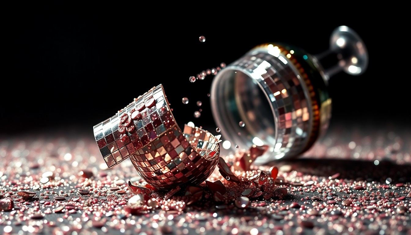 An abstract close-up photograph of shimmering sequins and shattered glass, capturing the glamour and excitement of a major music festival.