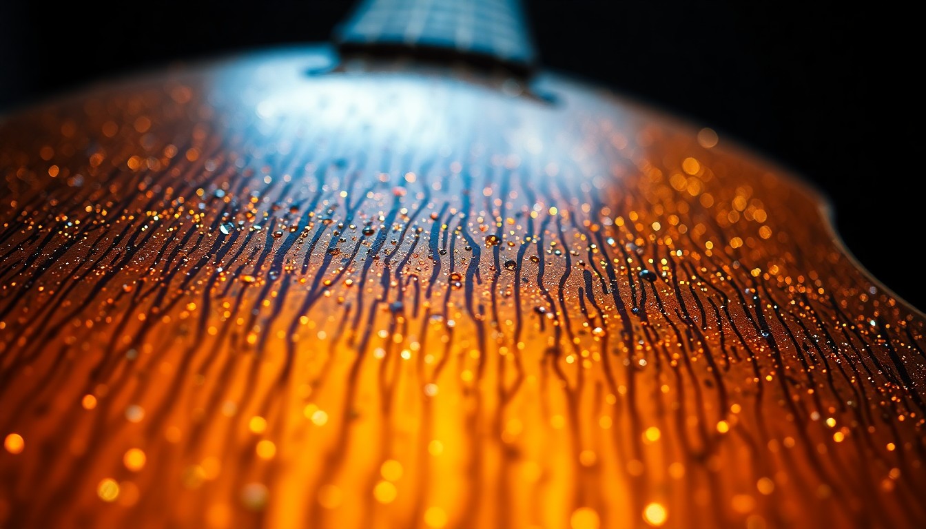 An extreme close-up of the ornate, textured surface of a laouto instrument, captured in dramatic, high-contrast lighting to create a sense of glamour and artistry.