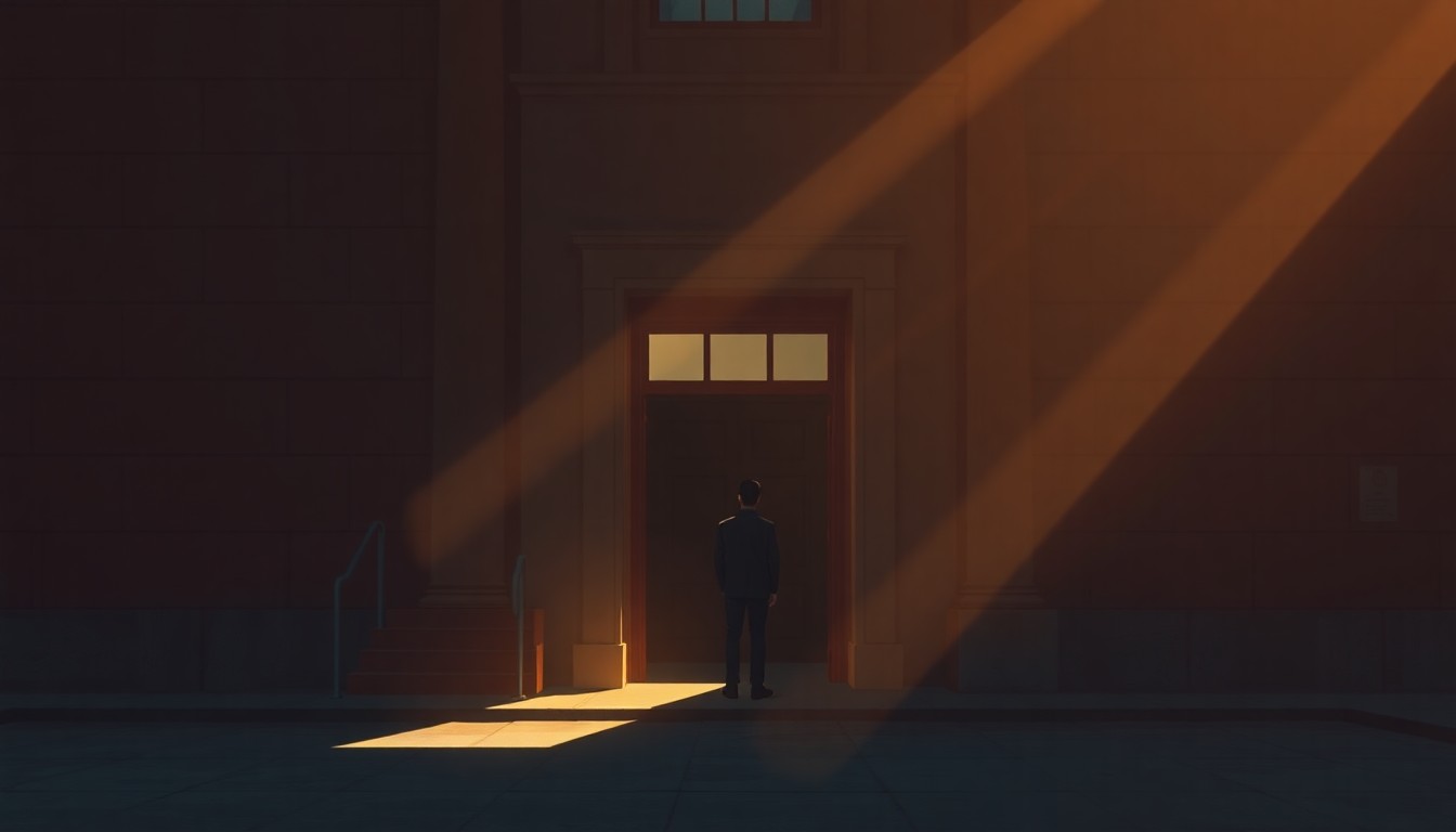 A solitary figure stands in the doorway of a plain government building, the scene bathed in warm, cinematic light and deep shadows, conveying a sense of quiet contemplation and unease.