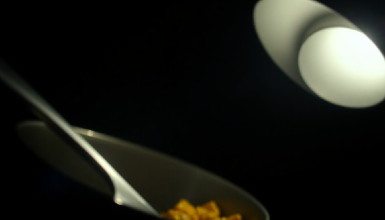 An extreme close-up photograph of a kitchen utensil or food container, dramatically lit by a harsh, direct camera flash against a pitch-black background, conceptually illustrating the investigative nature of a food tampering case.