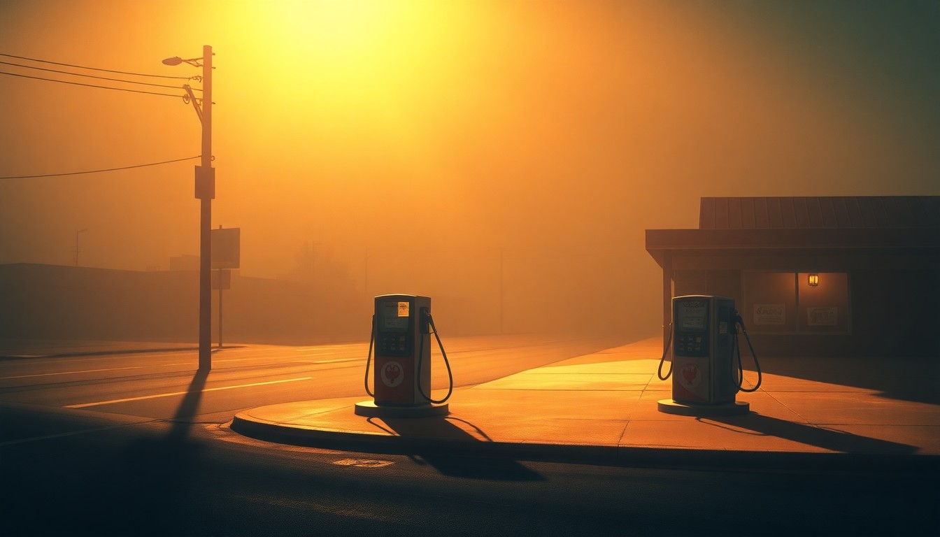 A photorealistic painting of a lone gas pump on a quiet, sun-dappled street corner, with the pump's digital display reflecting the warm glow of the sunlight. The scene conveys a sense of solitude and the challenges faced by local authorities in tackling rising fuel costs.