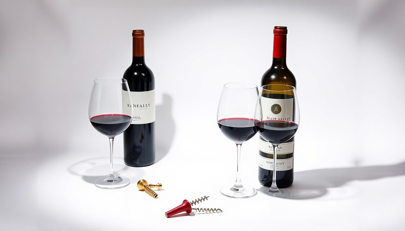 A high-end, photorealistic studio still-life photograph featuring a collection of premium wine glasses, a corkscrew, and a bottle of Napa Valley wine arranged elegantly on a clean, white background, conceptually representing the need for wineries to adapt to evolving consumer trends.