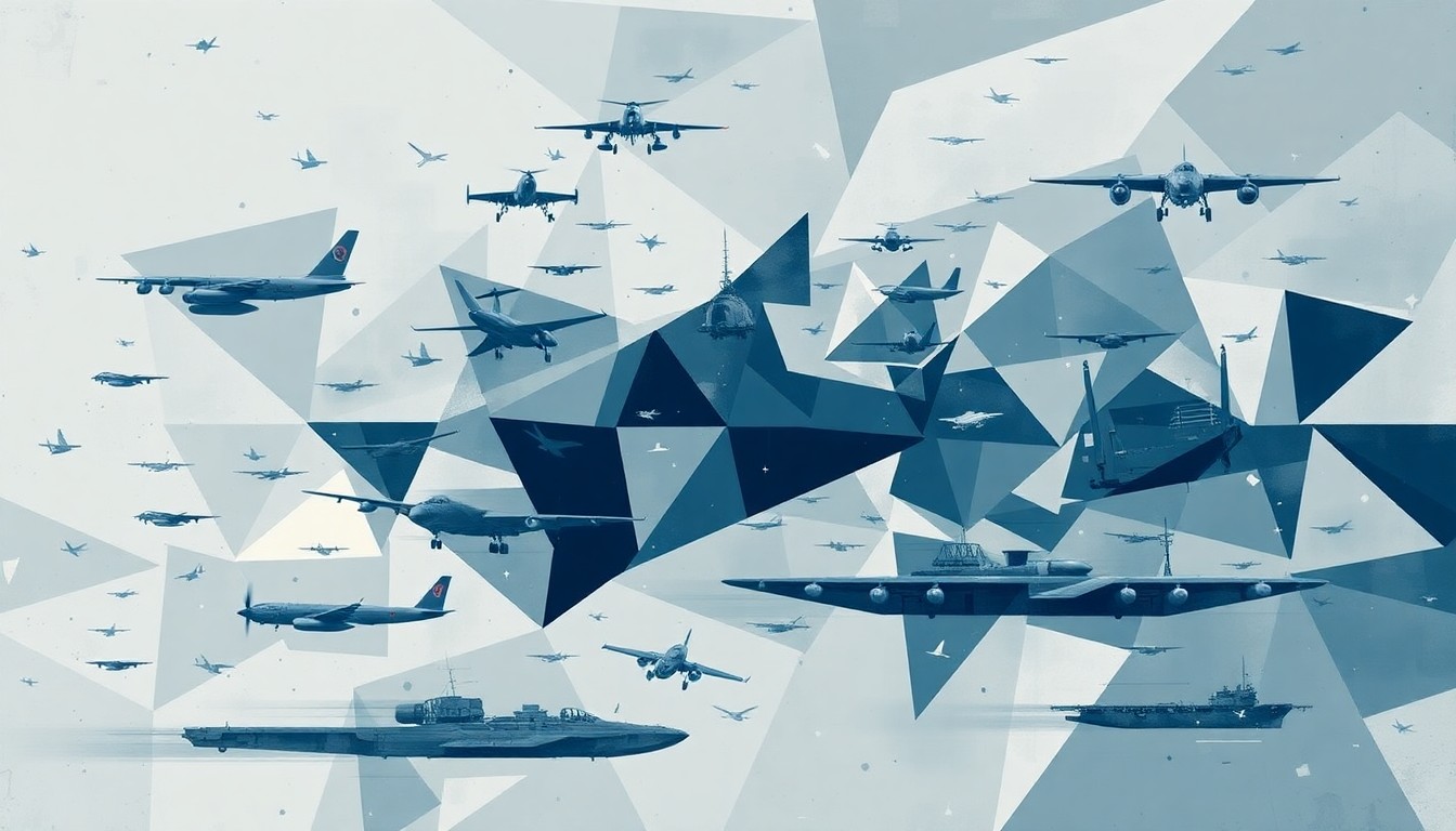 A dynamic, fragmented painting depicting overlapping geometric shapes in shades of gray, navy, and steel blue, representing the rapid growth of military aircraft, ships, and drones as part of the administration's defense spending proposal.