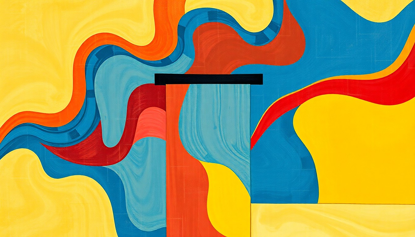 A fractured, geometric painting featuring overlapping waves of bold colors like red, blue, and yellow, depicting a podium or lectern in an abstract, avant-garde style.
