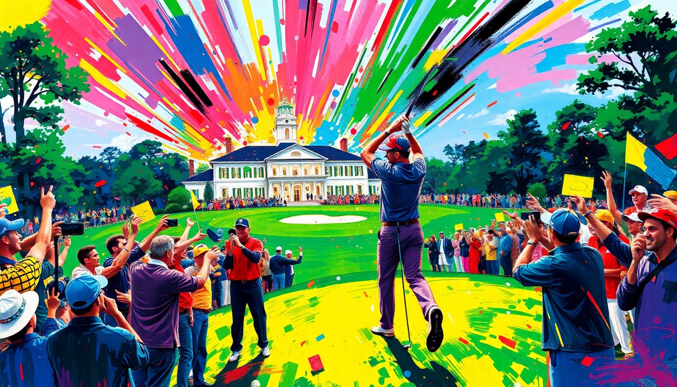 An expressionist painting in vibrant neon colors depicting the celebratory energy of Rory McIlroy's Masters victory, with the iconic Augusta National clubhouse and golf course faintly visible in the background.