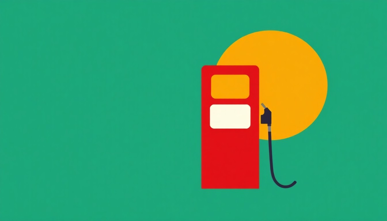 An abstract illustration composed of overlapping triangles and rectangles in shades of red, blue, and yellow, conveying the financial strain and frustration of Long Island residents dealing with high gas prices.