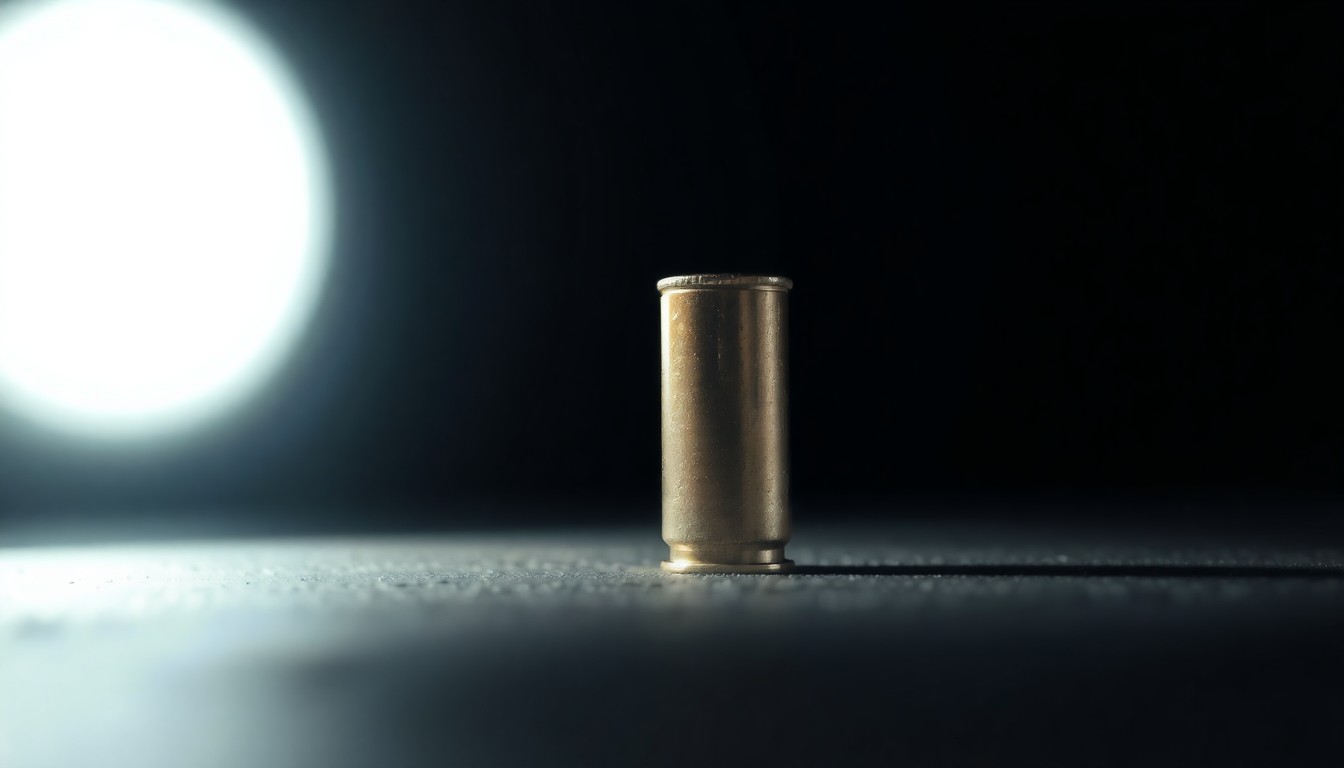 An extreme close-up of a single spent shell casing on a dark surface, lit by a harsh, direct camera flash, conceptually illustrating the aftermath of a deadly shooting.