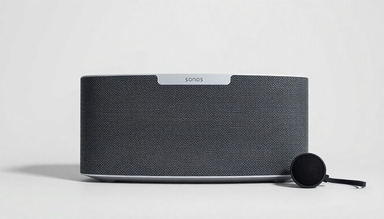 A photorealistic studio still-life image of a modern, minimalist Sonos wireless speaker in a muted grey color, captured in dramatic lighting against a clean, white background to convey the brand' s premium aesthetic and engineering.