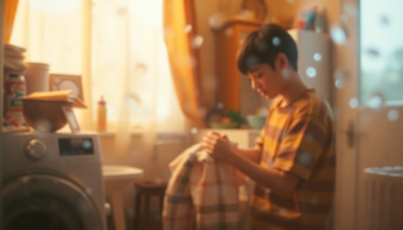 An extremely abstracted, out-of-focus photograph depicting a warm, soft-focus scene of a student doing laundry in a cozy, home-like setting, with muted tones of yellow, orange, and pink creating a sense of comfort and intimacy.