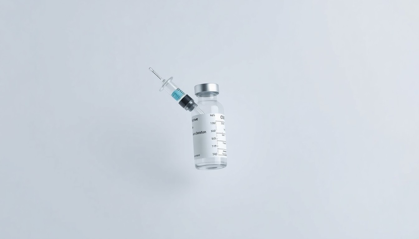 A high-end, photorealistic studio still-life photograph featuring a polished, metallic syringe and vial floating on a clean, monochromatic background, conceptually representing the precision and innovation of Adaptive Biotechnologies' immune-driven products.