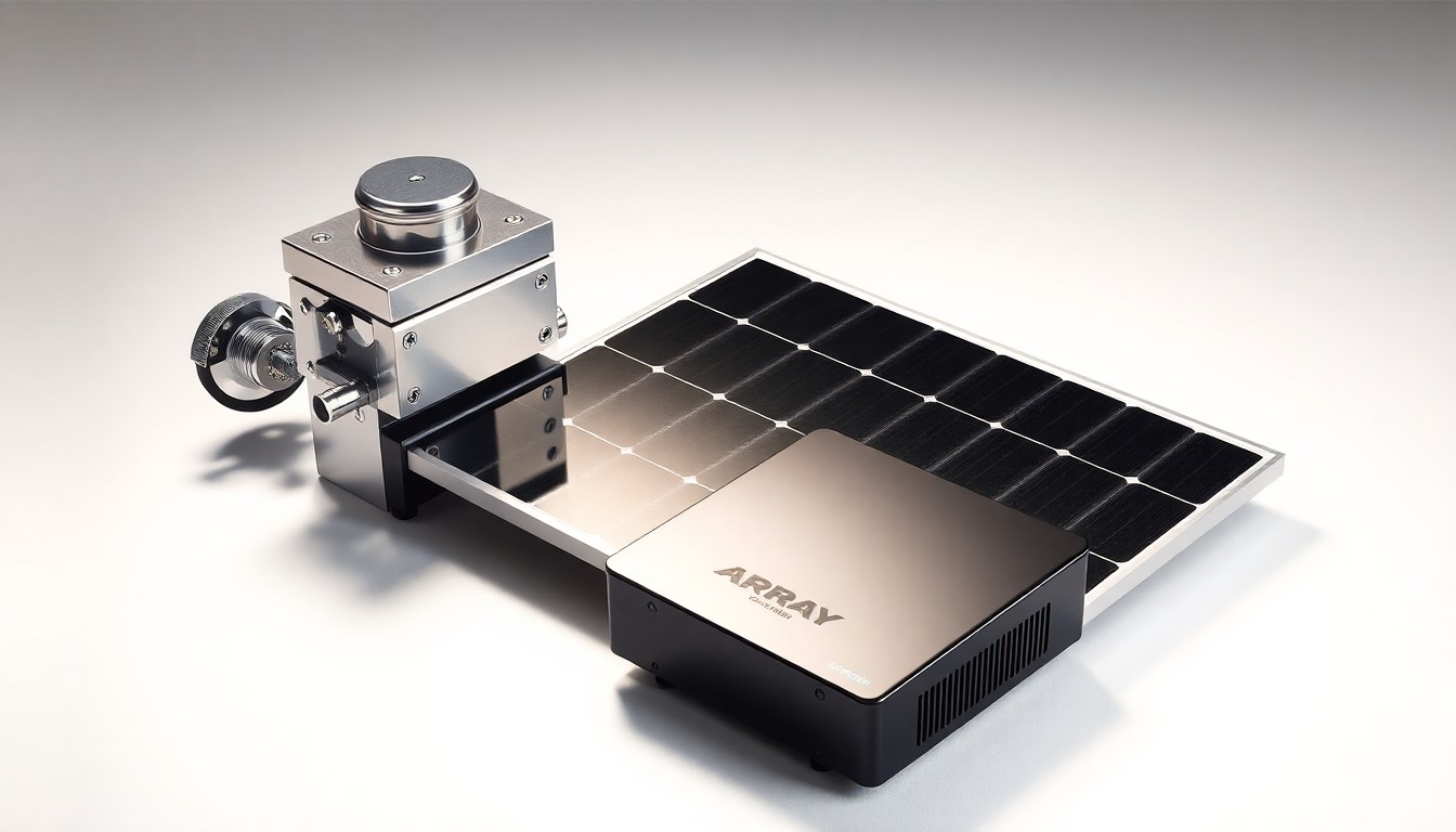 A photorealistic studio still life featuring polished metal, glass, and black solar energy components arranged elegantly on a clean white background, conveying the precision and innovation of ARRAY's solar technology solutions.