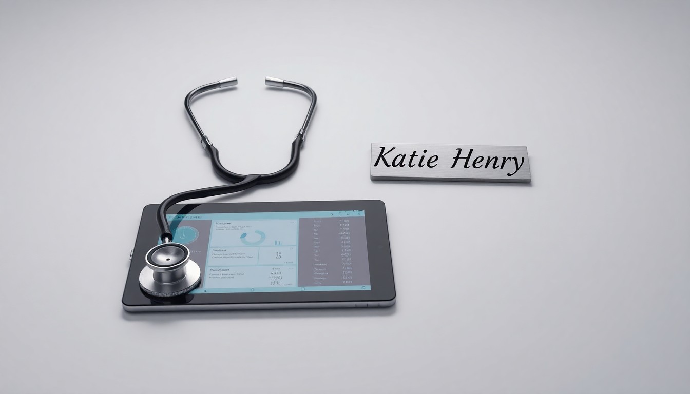 A high-end, photorealistic studio still-life photograph featuring a polished stethoscope, a tablet displaying medical data, and a nameplate, all arranged elegantly on a clean, monochromatic background, conceptually representing healthcare leadership and community impact.