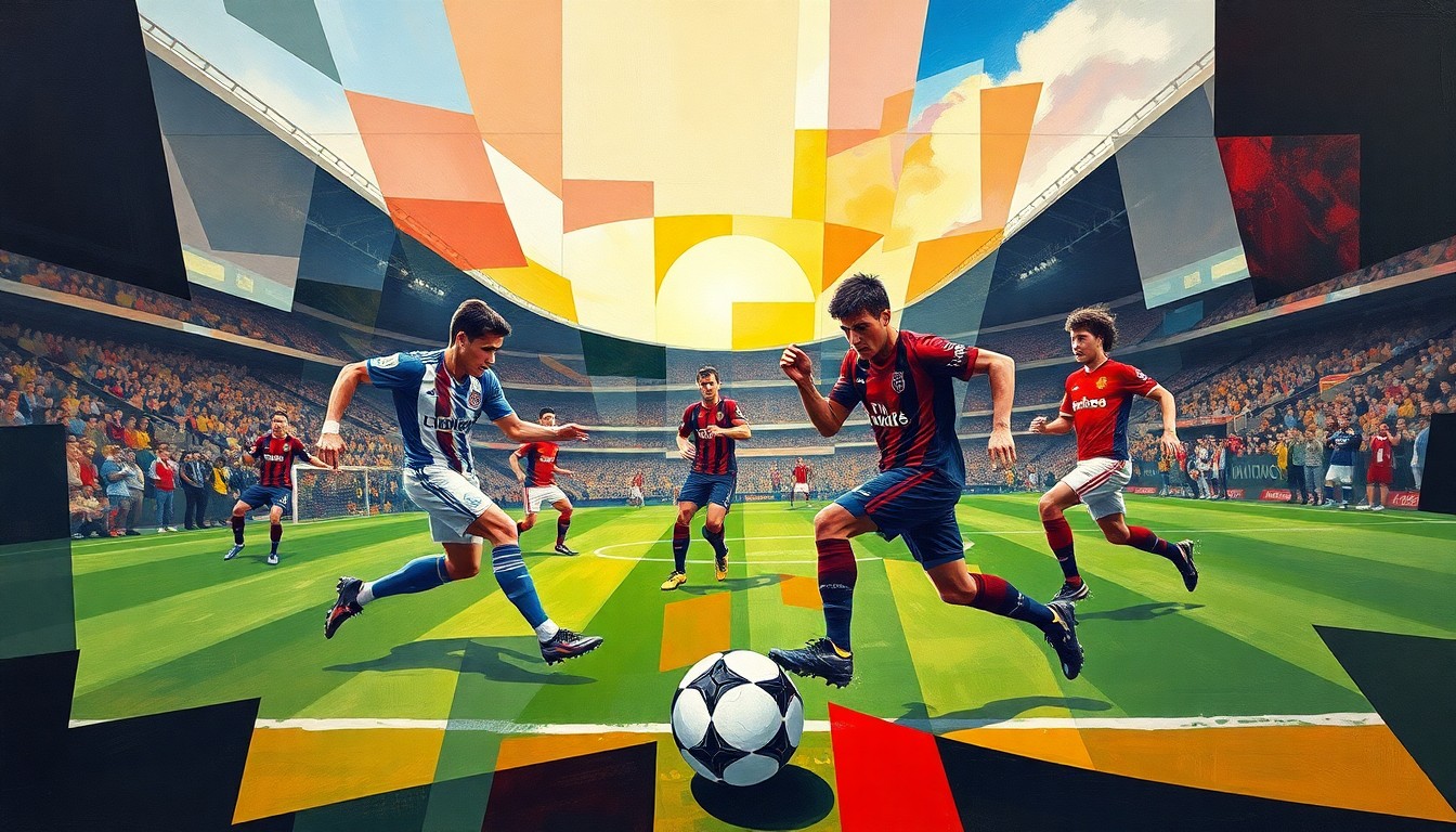 A fragmented, geometric painting depicting a soccer match between two teams, with players and the ball represented through overlapping, angular shapes and planes in a cubist style.