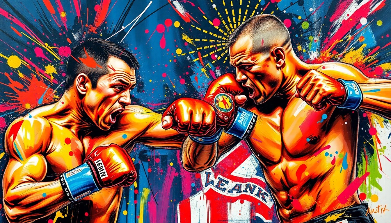 An abstract expressionist painting featuring bold, vibrant brushstrokes in neon colors that capture the raw energy and movement of two MMA fighters, their identities obscured in a dynamic, visceral display of athletic prowess.