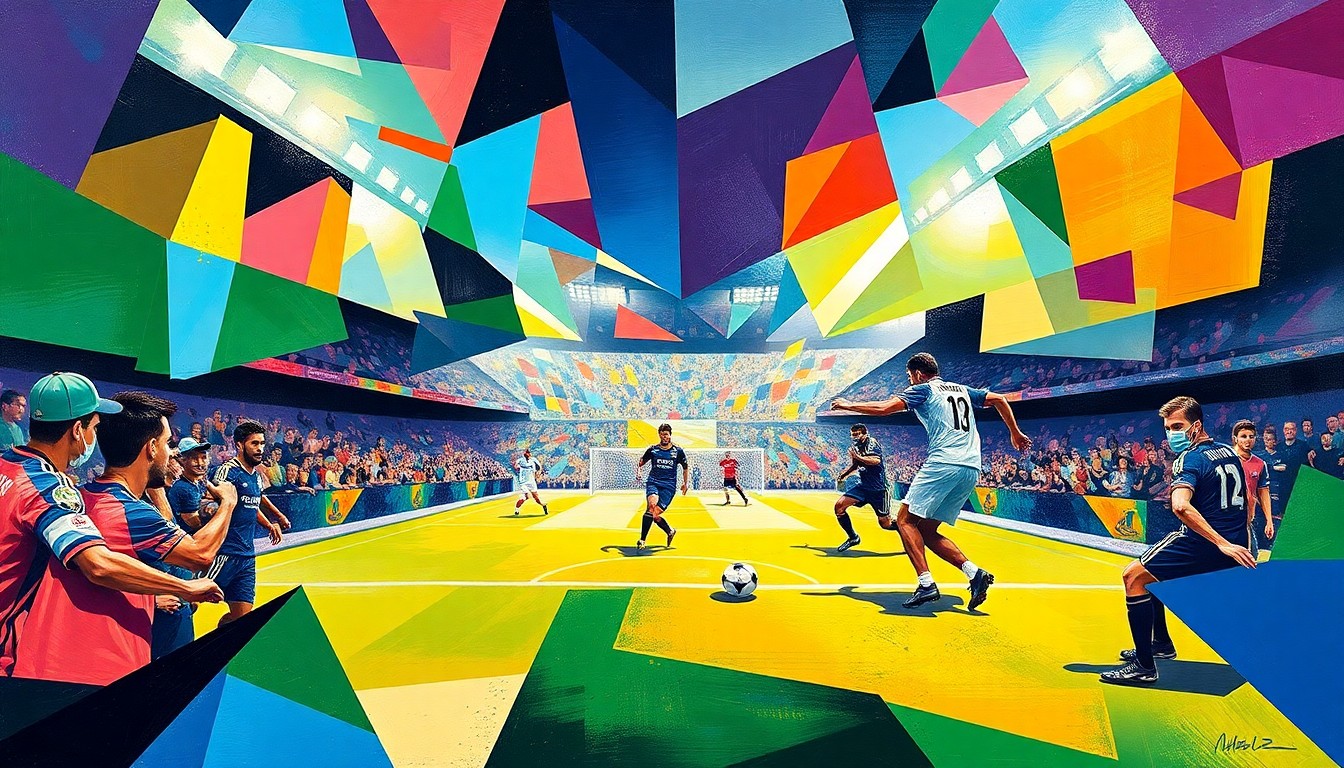 A fractured, cubist-style painting depicting the action of a soccer match, with the players and field broken down into sharp, overlapping geometric shapes and planes in the vibrant colors of the Orlando City and FC Naples team uniforms.