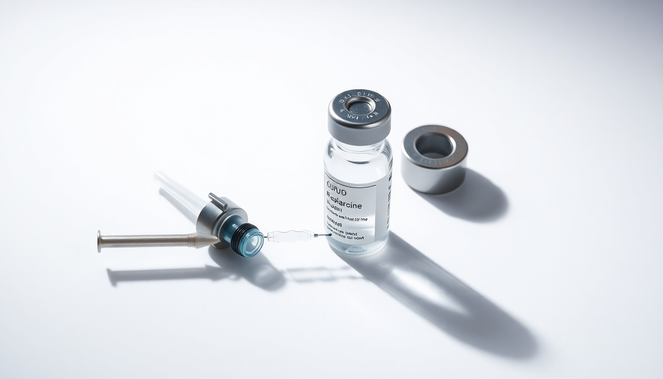 A high-end, photorealistic studio still-life photograph featuring a polished metal syringe, a glass vial, and a medical-grade rubber stopper, conceptually representing the development of a new vaccine.