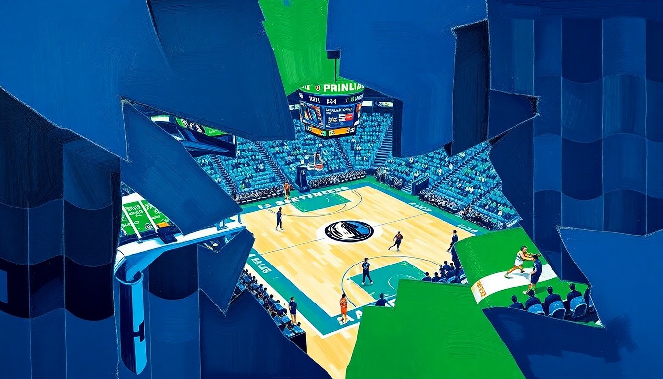A cubist, geometric painting depicting a Dallas Mavericks basketball game, with the players and court broken down into overlapping planes of navy blue, green, and white, capturing the dynamic energy of the sport.