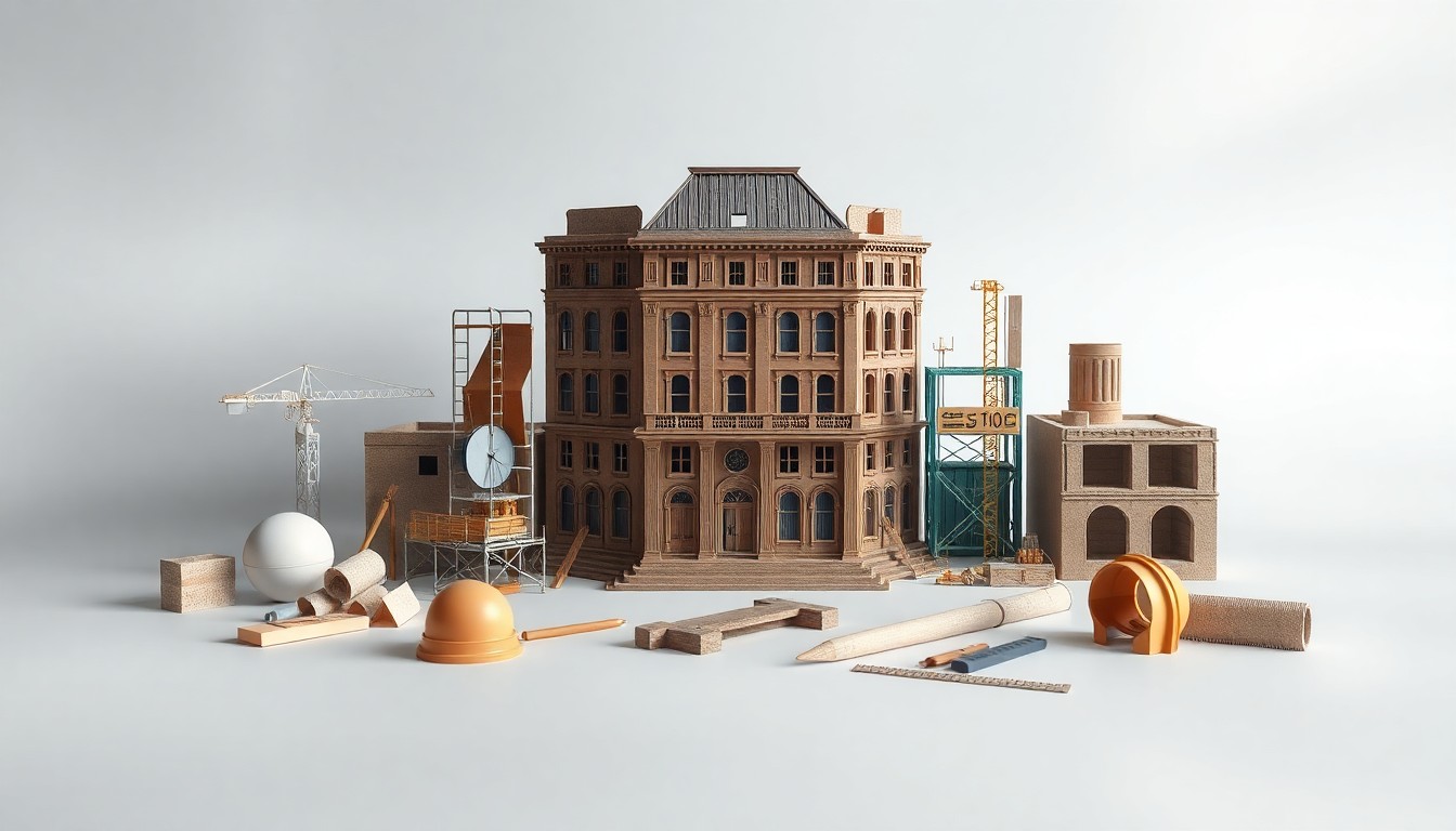 A high-end, photorealistic studio still-life featuring a collection of architectural model pieces, construction materials, and engineering tools arranged elegantly on a clean, monochromatic background, conceptually representing the challenges and opportunities of preserving a historic building while adapting it for modern use.