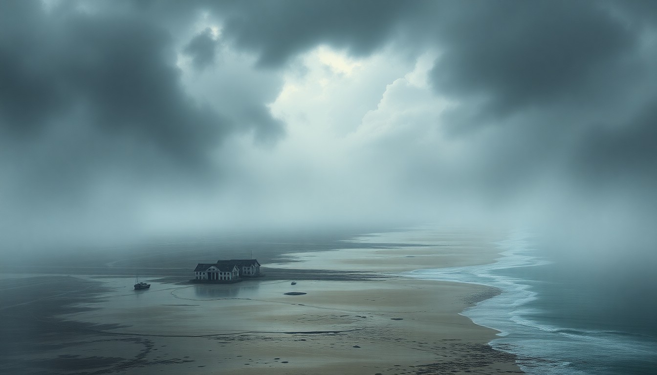 A sweeping, atmospheric landscape painting in muted tones of grey, blue, and green, depicting the devastated coastline of Fort Myers Beach shrouded in a heavy, ominous fog. The scene conveys a sense of overwhelming scale and melancholy, with any remaining structures or debris barely visible in the distance.