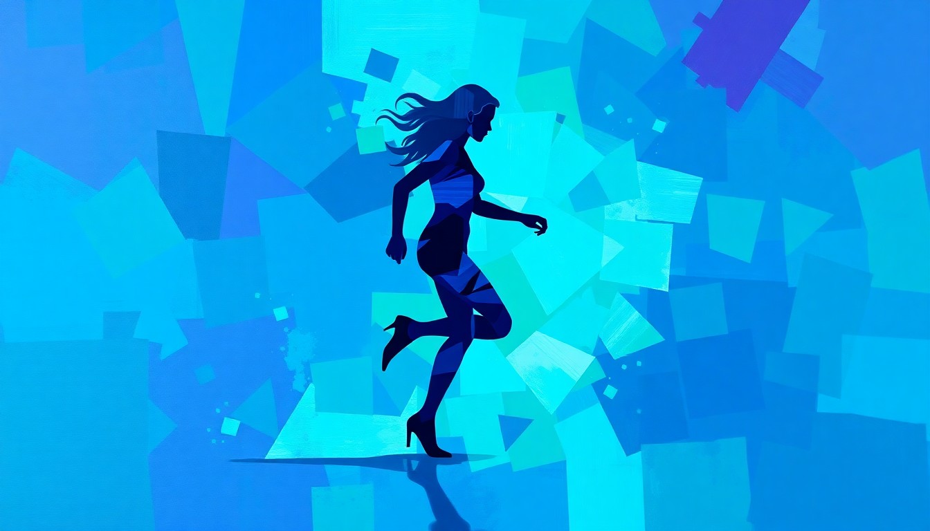 A vibrant, abstract painting in shades of blue, green, and purple depicting a person's silhouette in motion, conceptually representing the fluidity and movement of gender identity.