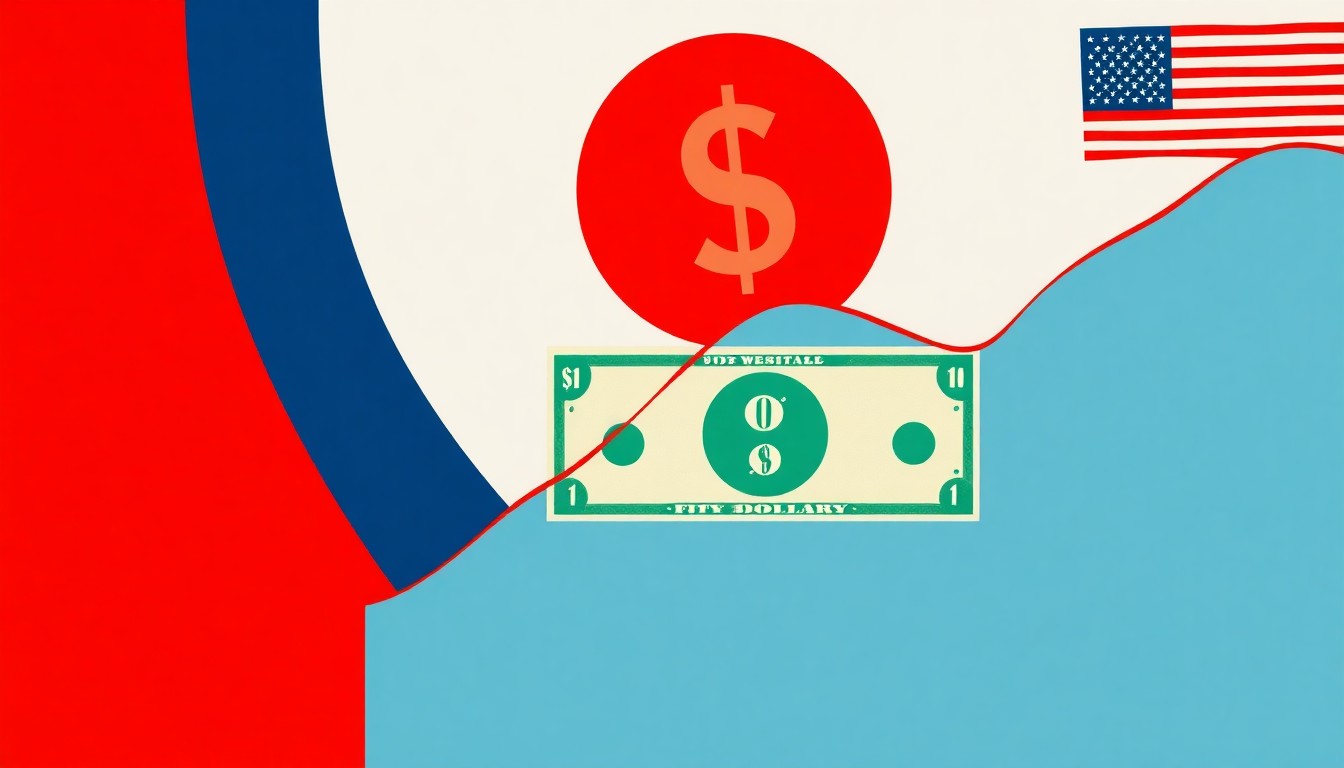 A minimalist, abstract illustration using bold geometric shapes and primary colors to represent the fluctuating value of the U.S. dollar, conceptually illustrating how global diplomatic events can impact currency markets.