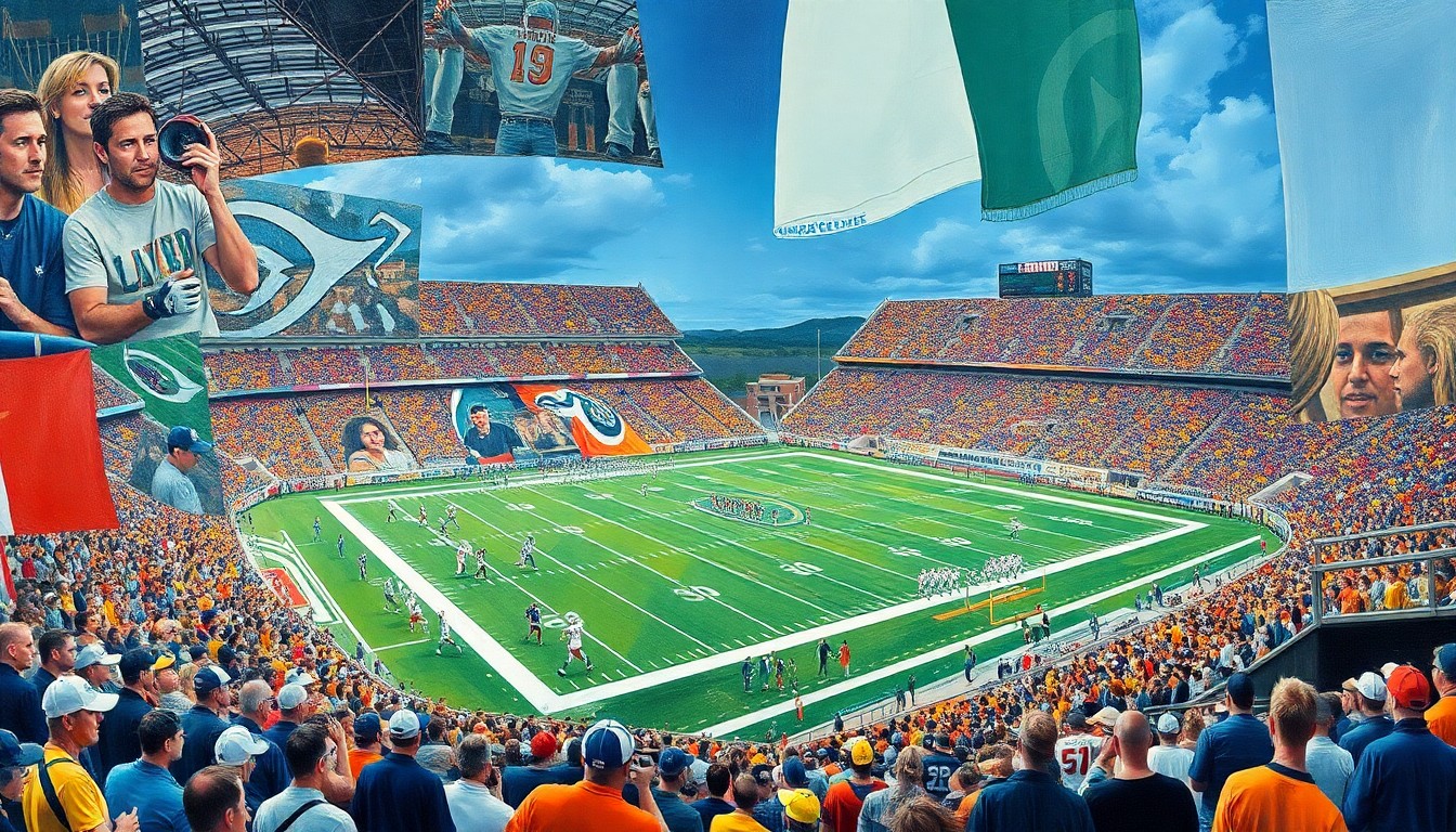A cubist, geometric painting depicting a fragmented, multi-angled view of a college football game, with players, the field, and stadium rendered in sharp, overlapping planes of color and shape.