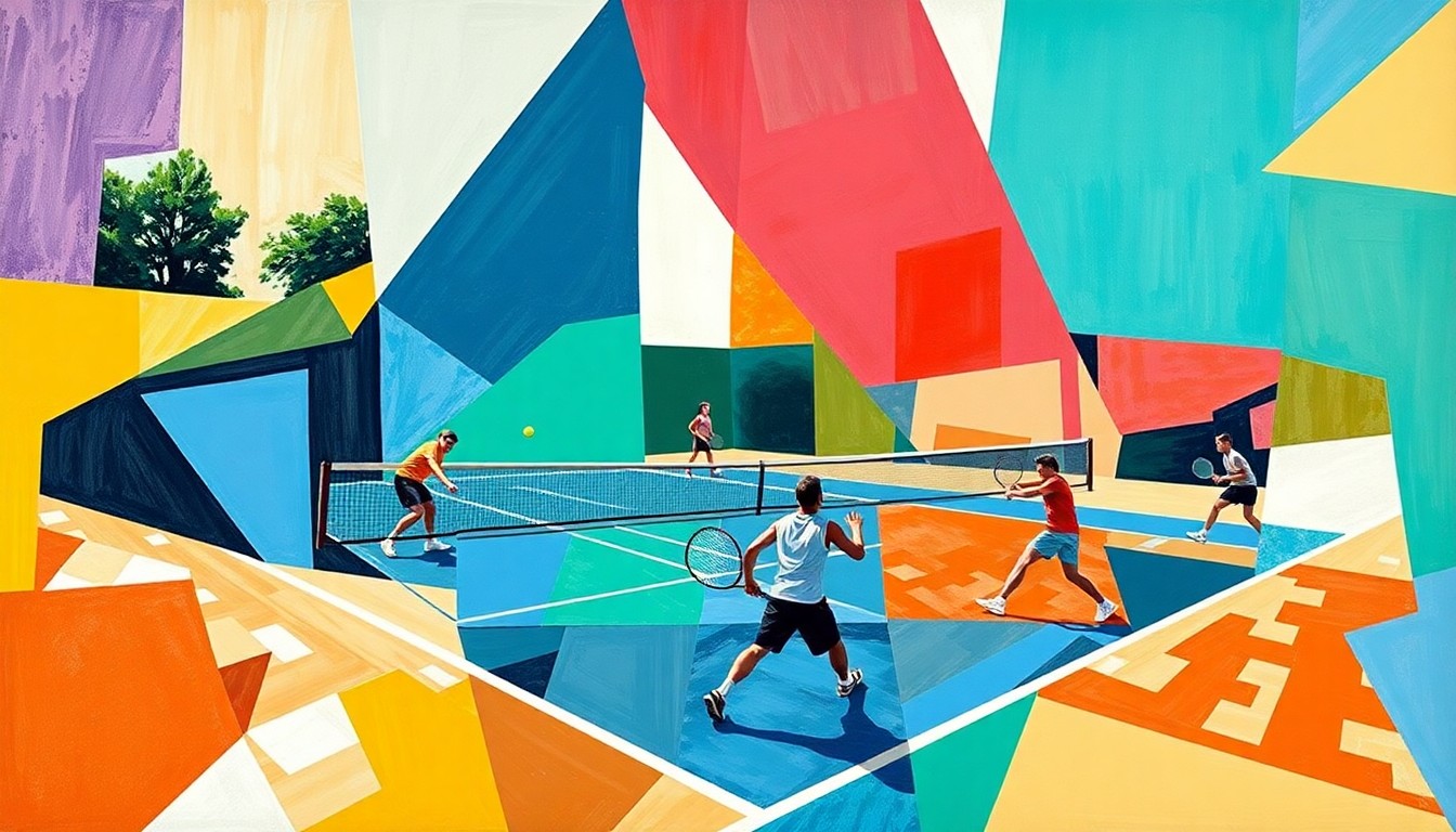 A fragmented, geometric painting in the style of Pablo Picasso, depicting a high school tennis match through abstract shapes and planes of color, without any recognizable figures or court details.