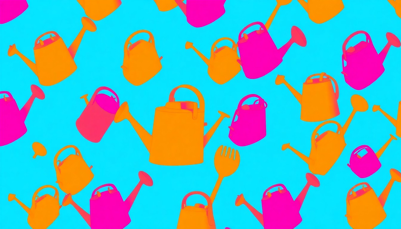 A vibrant, high-contrast silkscreen print featuring a repeated pattern of a gardening tool, such as a watering can or trowel, in a bold, neon color palette, conceptually representing the energy and creativity of a community gardening event.