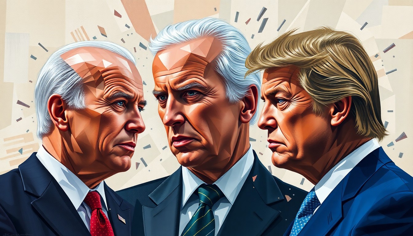 A dynamic, fragmented painting depicting three male figures in a state of motion, representing the potential physical confrontation between Hunter Biden and the Trump sons.