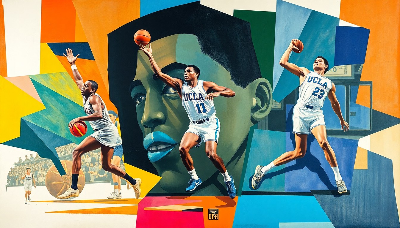 A cubist-style painting featuring fragmented, geometric shapes and planes of color that abstractly represent the athletic prowess and achievements of Jackie Robinson during his time as a multi-sport star at UCLA.