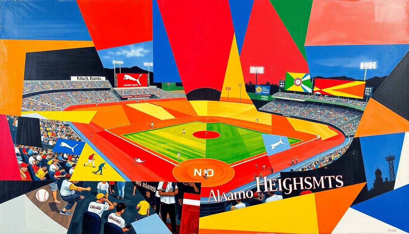 A fragmented, geometric painting in the style of Picasso, using the team colors of New Braunfels and Alamo Heights to depict the action and energy of a high school baseball game.